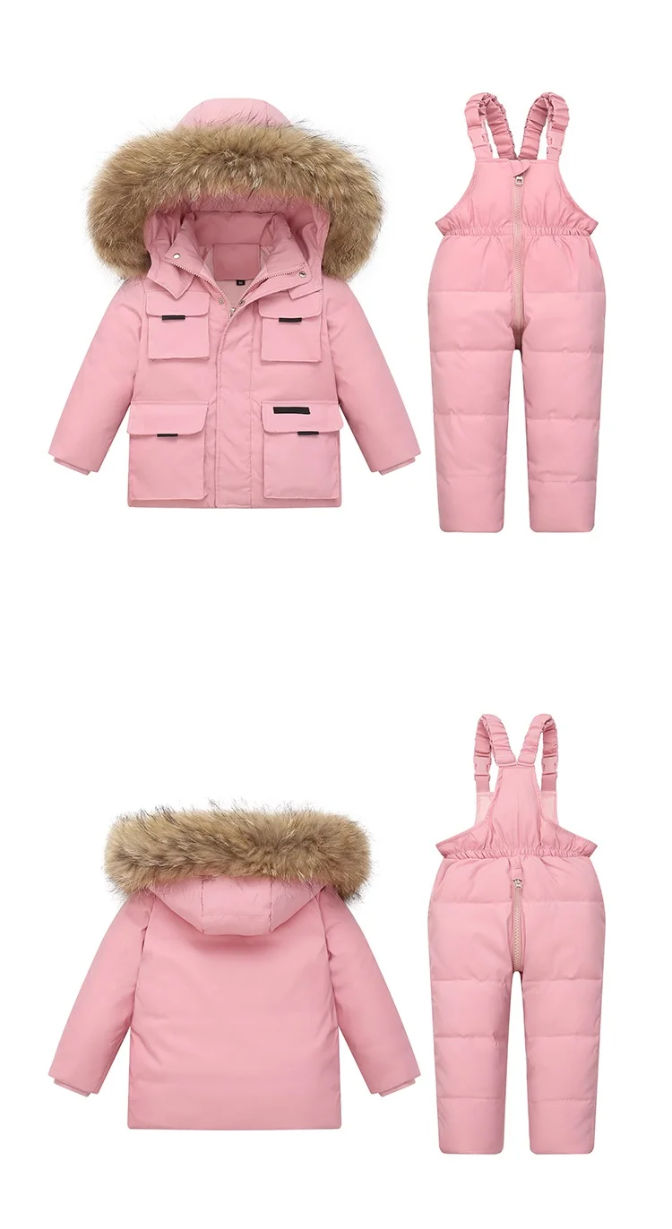 30 Grad russische Winter Kinder Jungen 2 stücke Kleidung Set wasserdichte echte Pelz Daunen jacke für Mädchen Kinder Overall Jungen Overalls – Detail 7