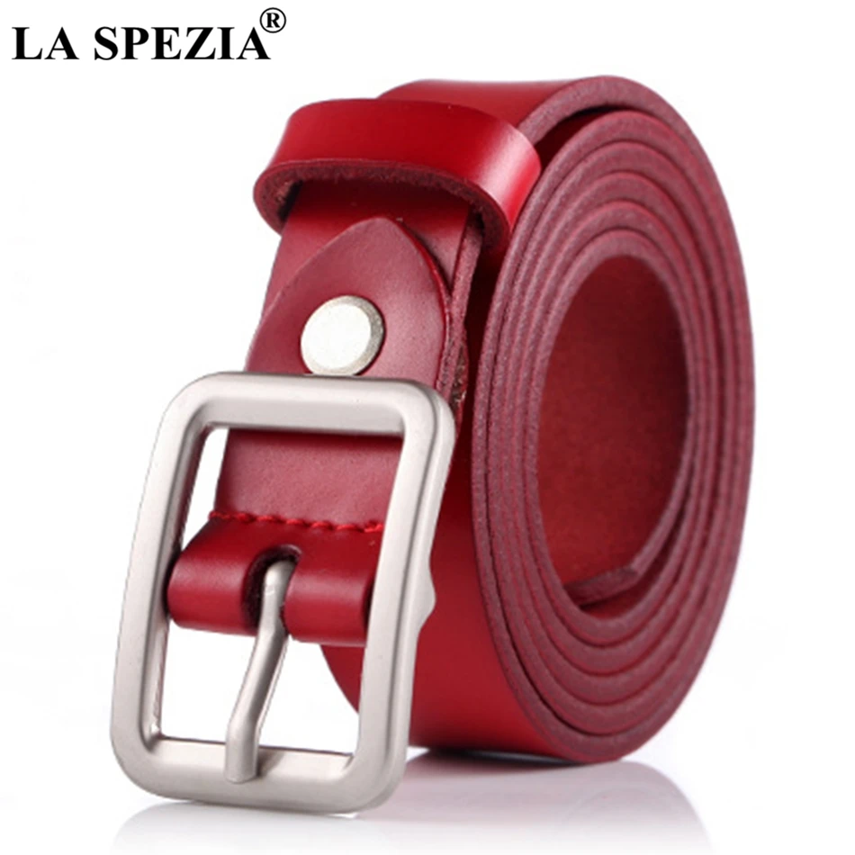 

LA SPEZIA Womens Red Belts Square Pin Buckle Leather Belt for Jeans Female Real Leather Cowhide Ladies Solid Retro Belt White