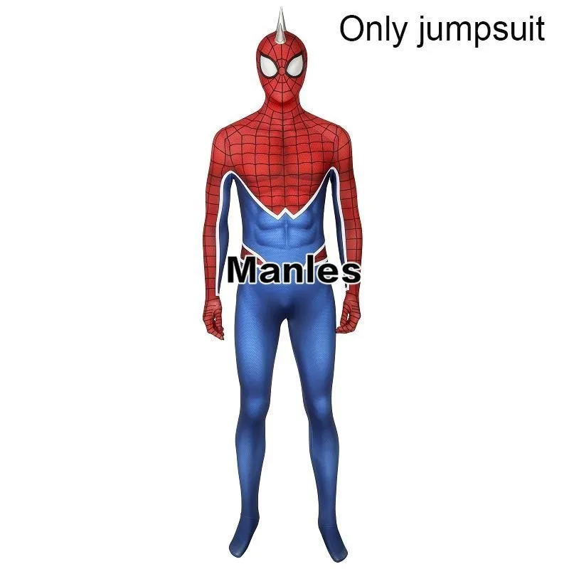 Игра Ps4 Человек-паук костюм Человек-паук панк Рок возвращение домой Косплей Карнавальный супергерой комбинезон для Хэллоуина мужской джинсовый жилет Zentai - Цвет: Only jumpsuit