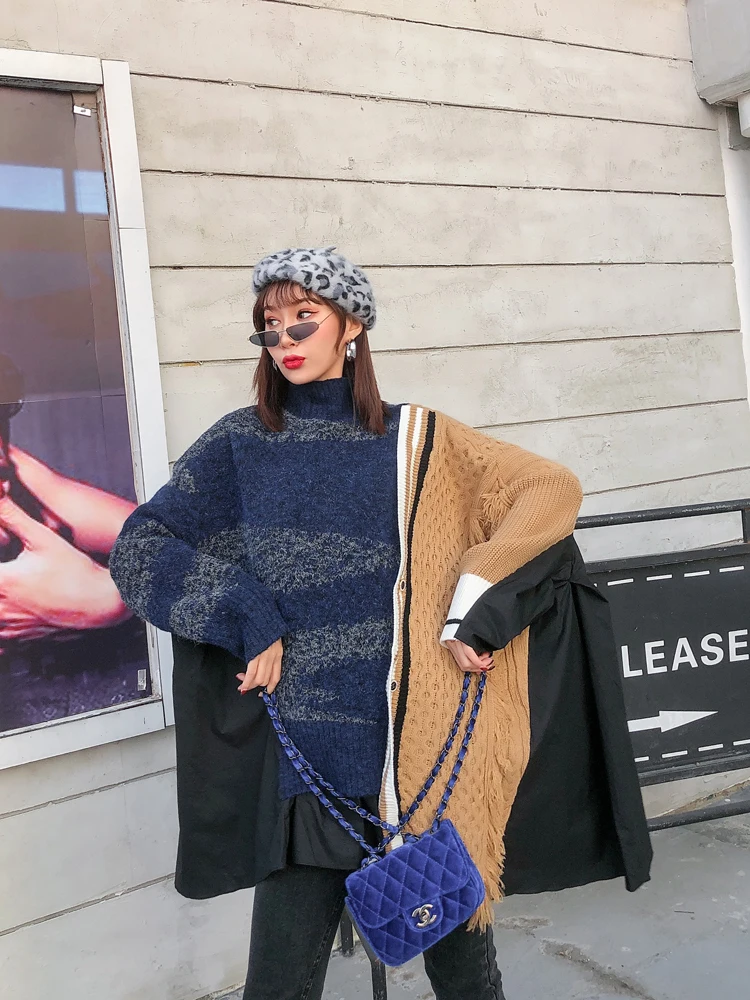Цин МО размера плюс женский свитер с высоким воротом женский лоскутный свитер с рукавом летучая мышь кардиган женский необычный свитер ZQY2745