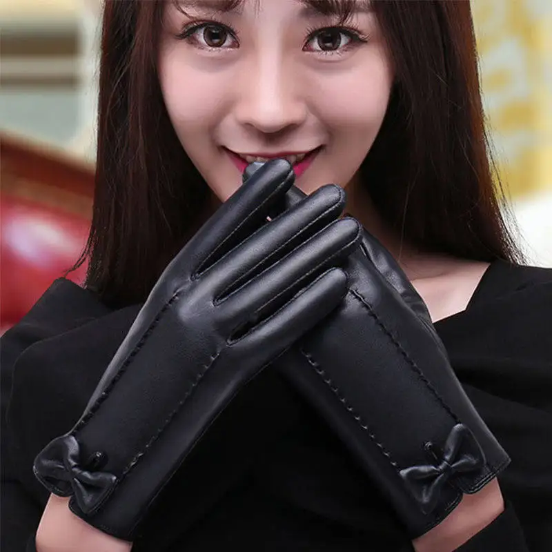 

Autumn Winter Sexy Women PU Leather Thickened Touch Screen Warm Full Fingers Windproof Driving Waterproof Gloves Mittens