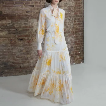 

Gedivoen Autumn Fashion Runway Ankle-Length Dress Women Bow Collar Floral Print A-Line Dress Elegant Streetwear Ladies Dresses