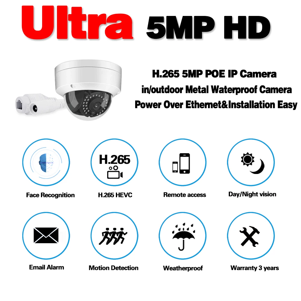 H.265 POE 5MP IP Camera Outdoor Waterproof CCTV 5.0MP HD Dome Face Motion Detection Network IP Camera 3.6mm Wide Lens P2P Onvif