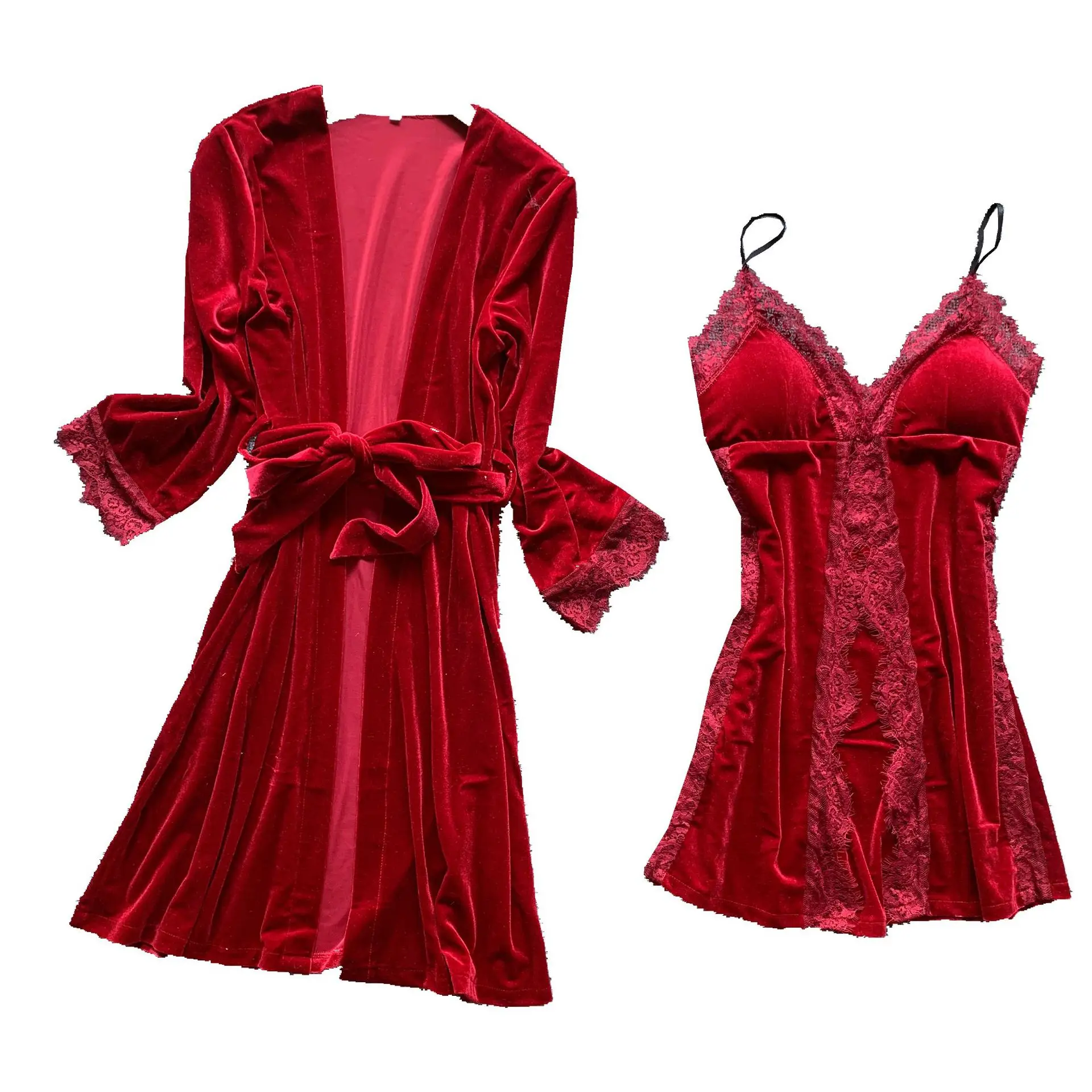 QWEEK New Fashion Night Dress Set Women Sexy Robe Set V-neck Spaghetti Strap Velvet Warm Two Piece Women Nightgown Set