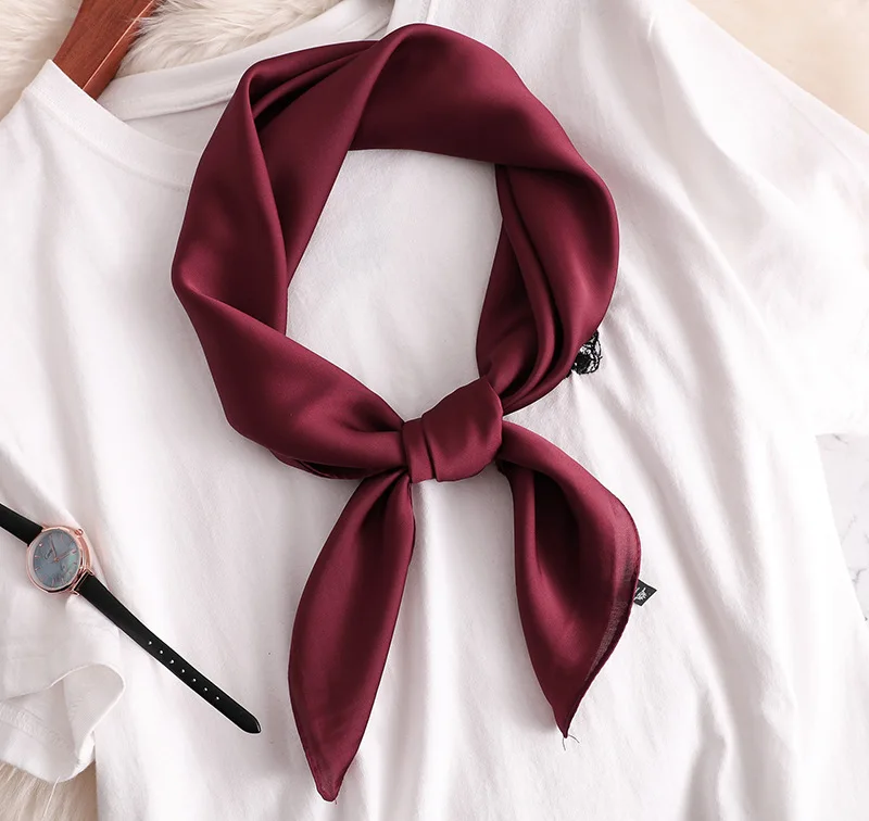 Luxury Solid Silk Scarf Women Neck Shawls Square Foulard Head Kerchief Hair Accessories Band Lady Retro Scarves Bandana - Цвет: Wine