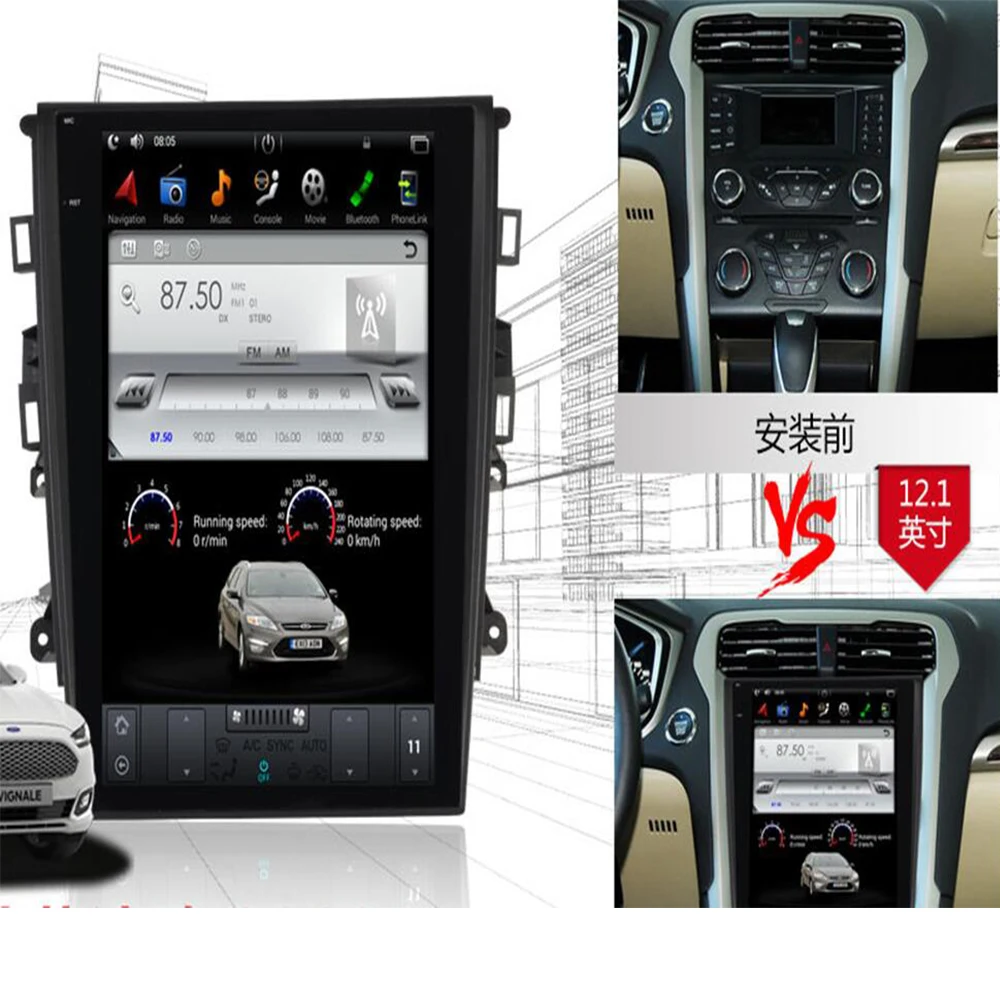 Sale 2 Din Car Radio Tesla Style 12.1 Inch Android 9.0 Car GPS Navigation DVD Player for Ford Mondeo for Fusion MK5 2013-2017 FM Unit 0