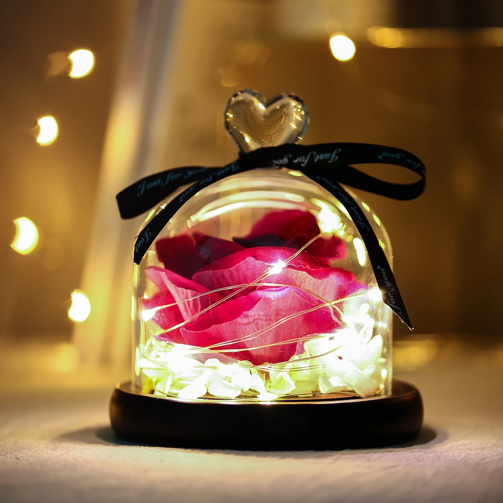 

LED Glass Dome Preserved Rose In Valentines Day Christmas Present Real Rose Romantic Lamp Gifts Home Decoration Bedroom Light