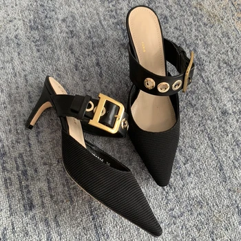 

Luxury Designer Sandals Casual Pointed Shoes Woman Outdoor Belt Buckle Mules Women New Metal Decor Shallow Mouth Ladies Shoes