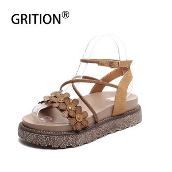 

GRITION Women Sandals Thick Bottom Chunky High Heel Buckle Comfy Sandals Flower Flat Casual Increase Height Outdoor Beach Shoes