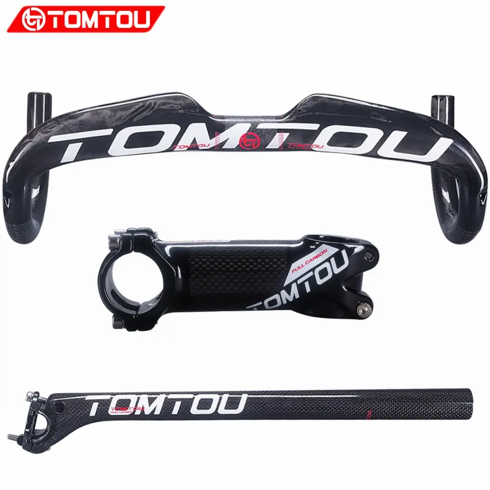 TOMTOU 3K Carbon Fibre Bicycle Road Handlebar+ Seatpost+ Stem Road Bike Bent Bar Parts Sets Glossy White- TS4T72