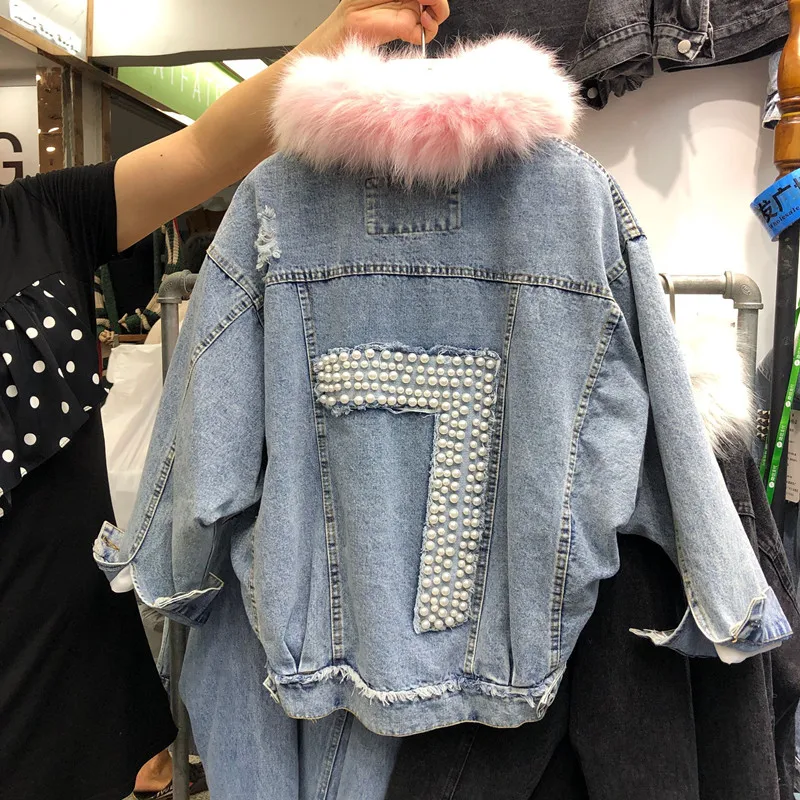 Winter Warm Denim Jacket Women New Korean Style Loose Real Fur Collar Removable Inner Thickened Pearl Bead Cotton Jean Coat