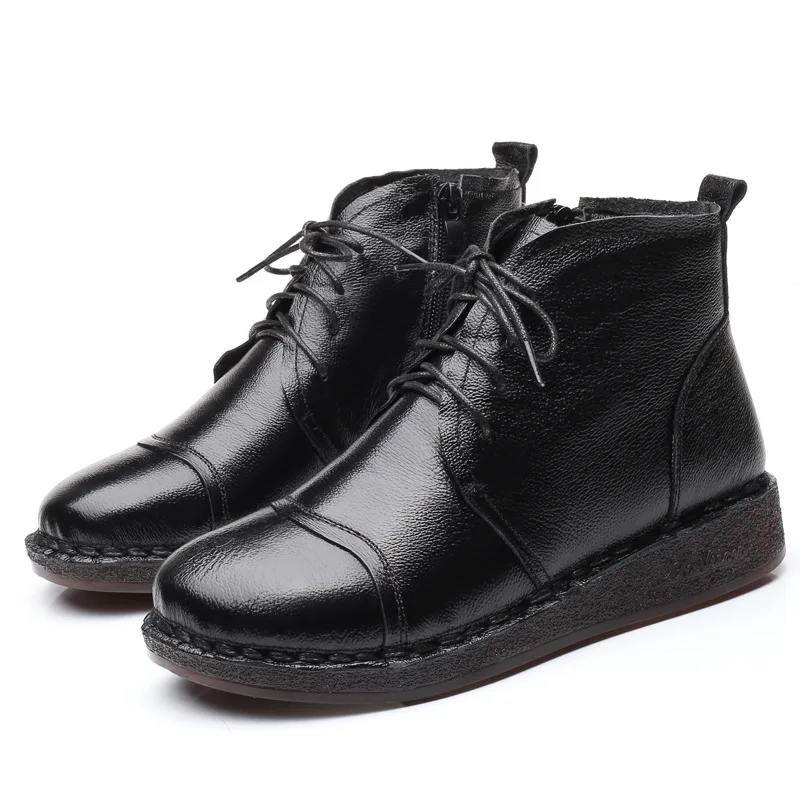 Skup GKTINOO jesienna koronka z prawdziwej skóry kobiet krótki but buty damskie 2019 zima krótki pluszowy antypoślizgowy boczny zamek błyskawiczny skórzane buty