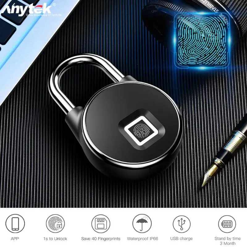 Anytek P22+ USB Bluetooth Смарт-замок без ключа с отпечатком пальца IP66 водонепроницаемый Противоугонный замок безопасности для Android Apple