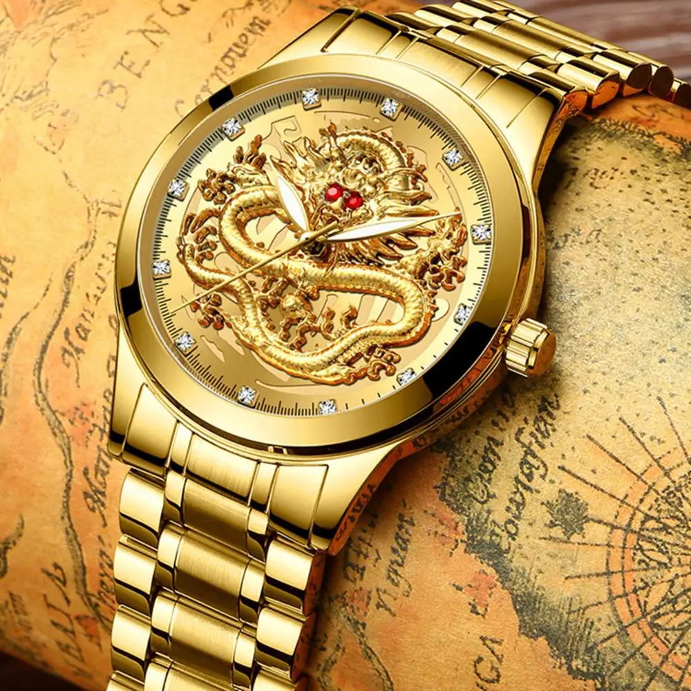 

Fashion Men Watch Golden Mens Watches Top Brand Luxury Waterproof Full Steel Quartz Dragon Clock Male 2019 Relogio Masculino