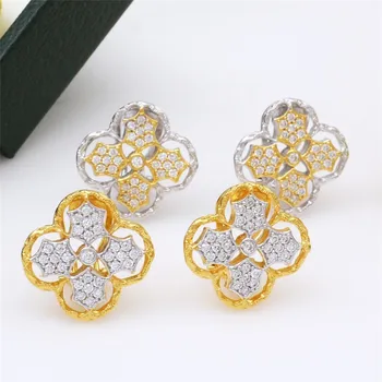 

CMajor S925 Solid Sterling Silver Delicate Vintage Luxurious Temperament Four-leaf Clover Shape Two Tone Clip Earrings for Women