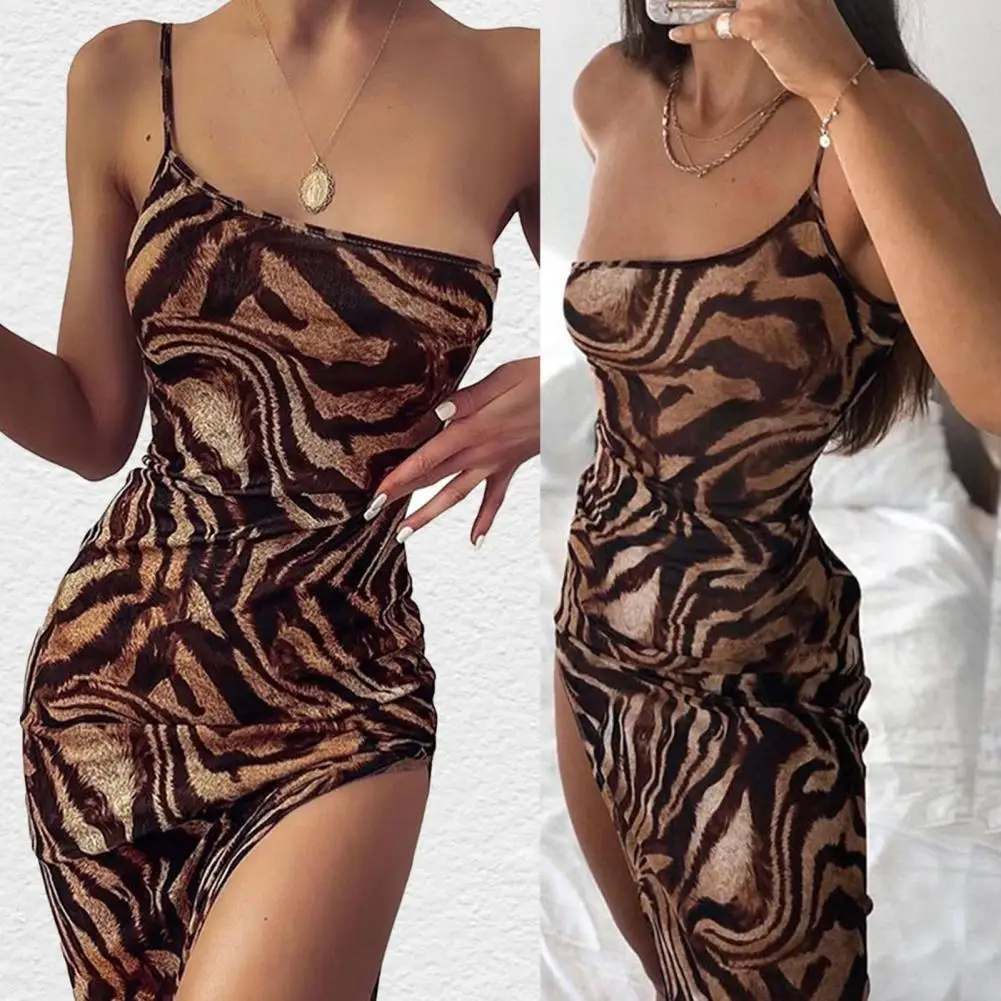 

Eye Catching Split Female Dress Hot Sexy Leopard Print Tight Waist Single Slip Sleeveless Bodycon Dress Woman Summer 2021