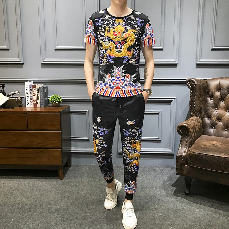 

Summer 2Pcs Tracksuit Men Dragon Print Men's Sportswear Casual Suits Jogging Homme Luxury Streetwear Social Sets Men Clothes