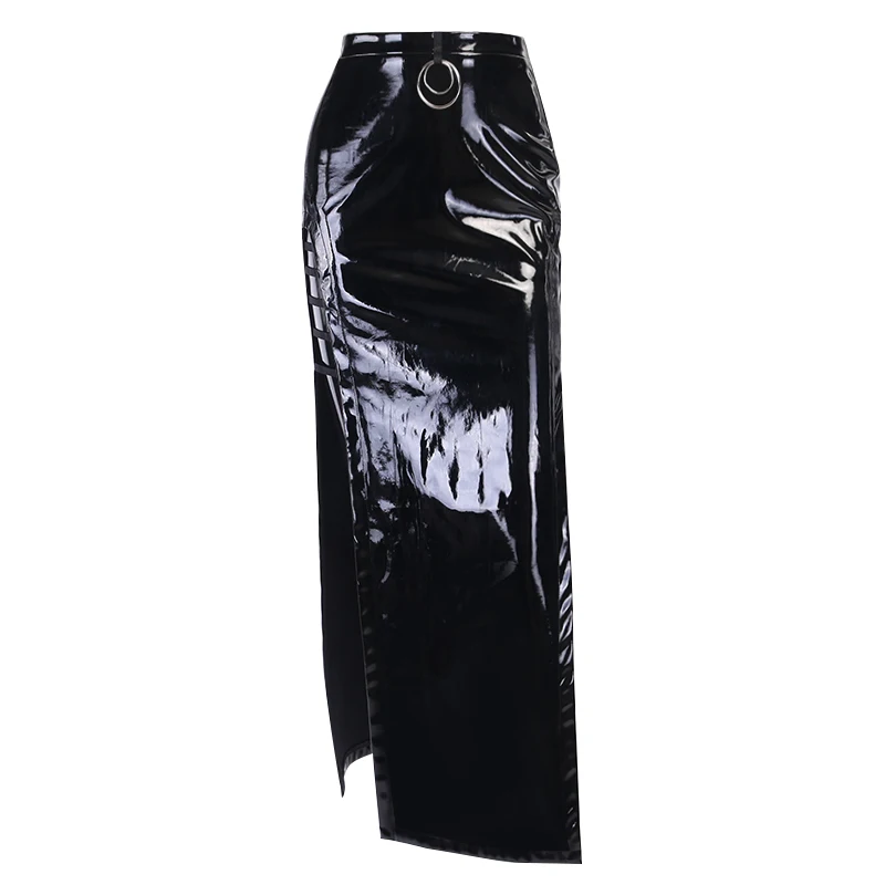 skirt InstaHot Блестящий из искусственной кожи юбка макси с разрезом на подоле Сексуальная Готическая Панк Высокая длина до лодыжки Hihg уличная юбка мода для женщин - Цвет: skirt