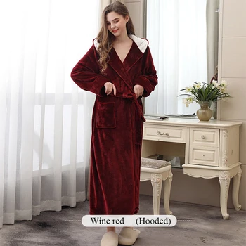 

Women Winter Hooded Bathrobe Gown Fleece Warm Thicken Loose with Sashes Kimono Homewear Solid Ankle Length Sleepwear Gowns Robe