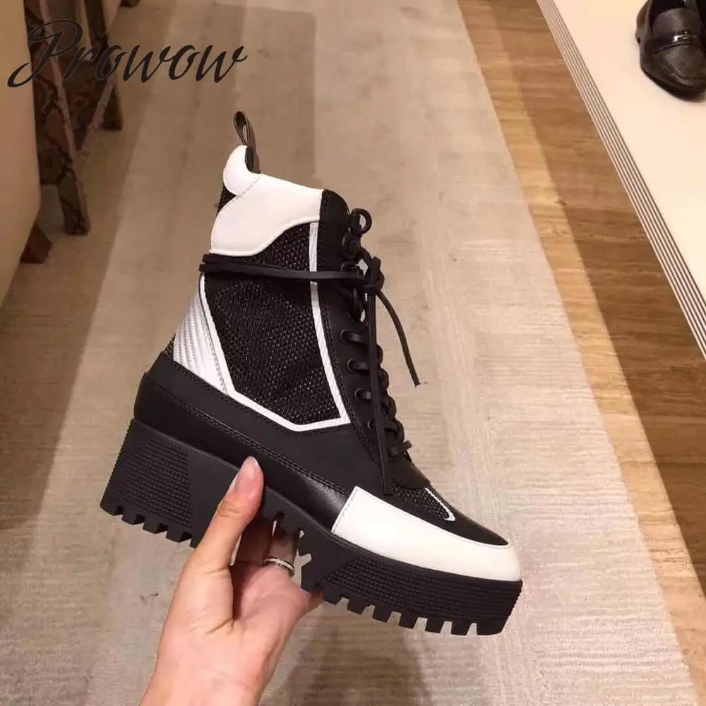 

Prowow Black Genuine Leather Gladiator Lace Up Ankle Boots Round Toe Luxury Brand thick Heel HIgh Heel Winter Boots Women