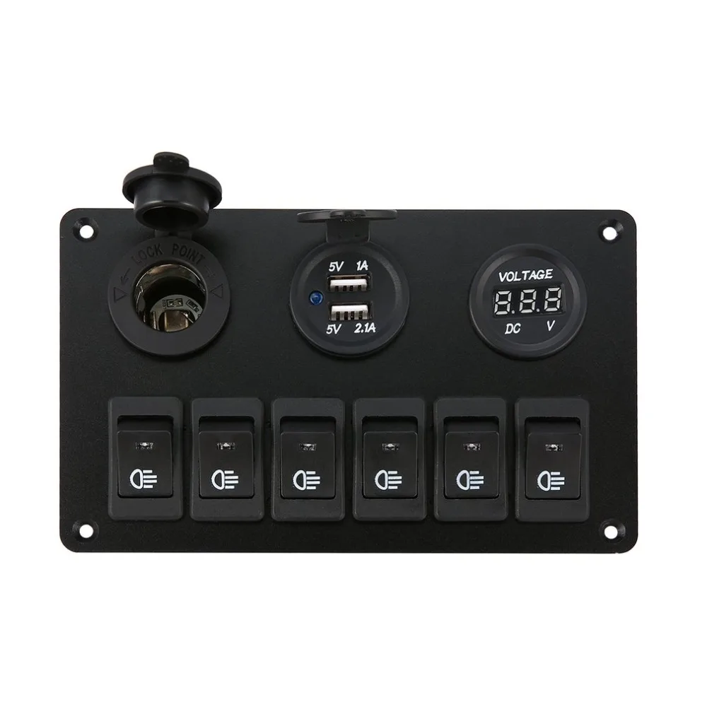6 Gang LED Car Boat Rocker Switch Panel Dual USB Cigarette Lighter Socket Voltmeter Auto Car LED Boat Switch Panel