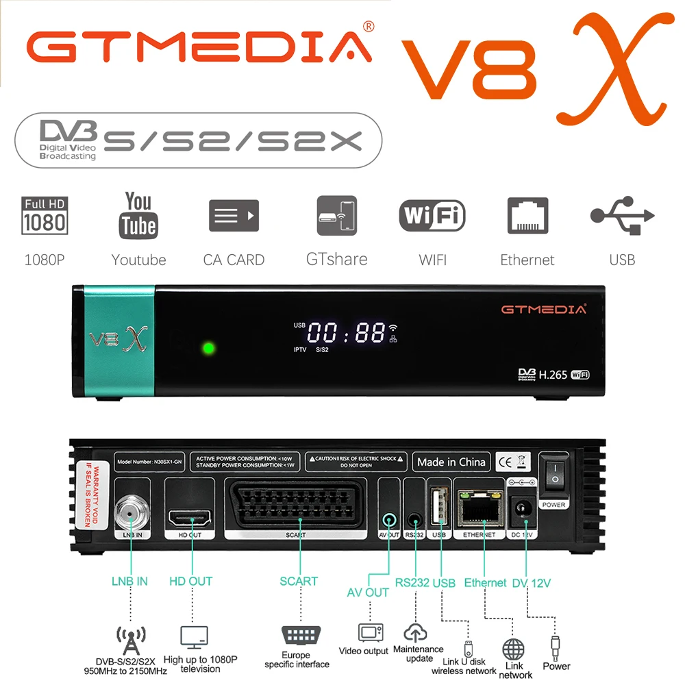 Горячая Распродажа GTMedia V8X 1080P Full HD DVB S/S2/S2X спутниковый ресивер с поддержкой CA H.265 Встроенный Wi Fi gtmedia V8