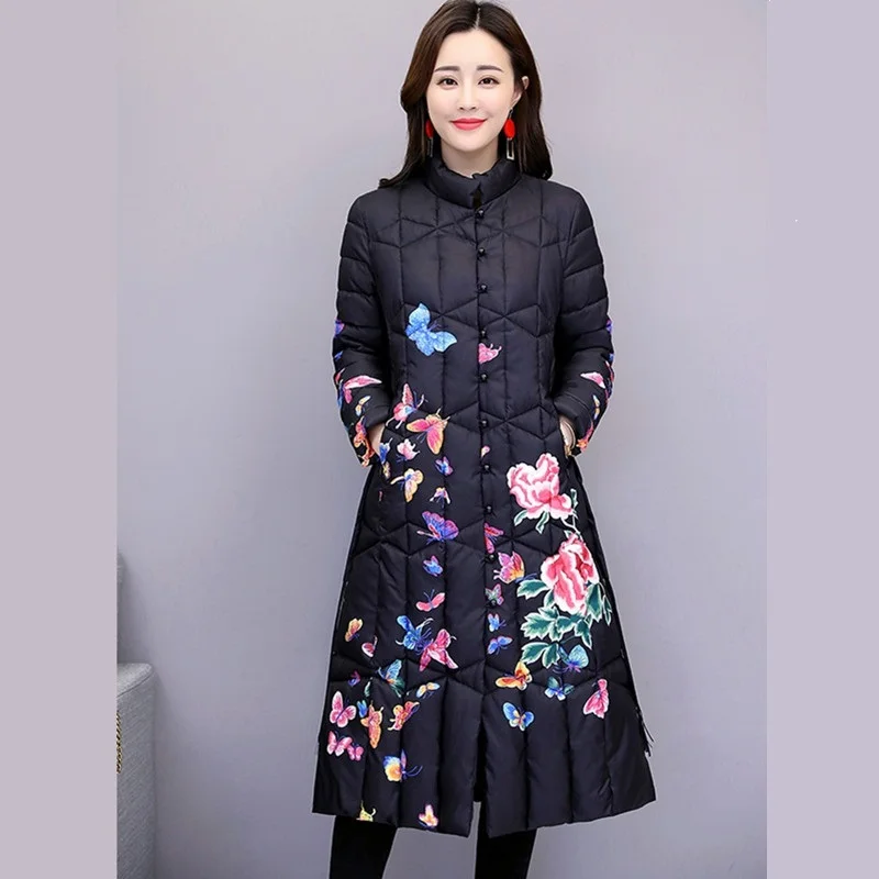 Black UHYTGF parkas mujer, Национальный стиль, пуховик, теплое зимнее пальто для женщин, модное, Ретро стиль, с принтом, длинное пальто, 4XL размера плюс, tops1046 - Цвет: Black