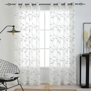 

LanLan 2 Panels Sheer Window Curtains, Leaves Embroidered Window Curtains Faux Linen Textured Solid Grommet Voile Drapes