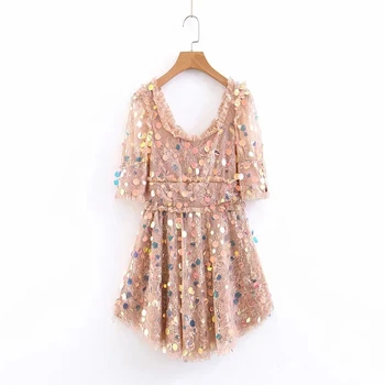 

Vintage Court Style Lace Beaded Pink V-neck Dress for Women