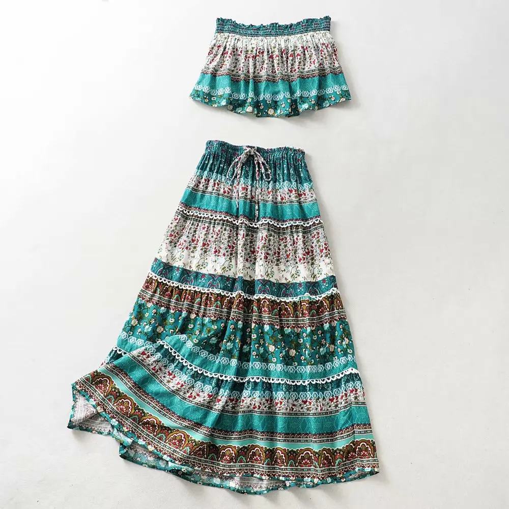 

2019 Spring WOMEN'S Dress Cotton Printed Set Tube Top + Mid-length Skirt A + -9509