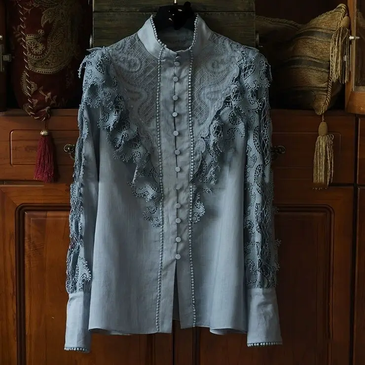 

2020 Spring Korean Fashion Clothing High End Linen Blue Lace Shirts Vintage Ruffles Stand Collar luxury elegant Shirts and Tops