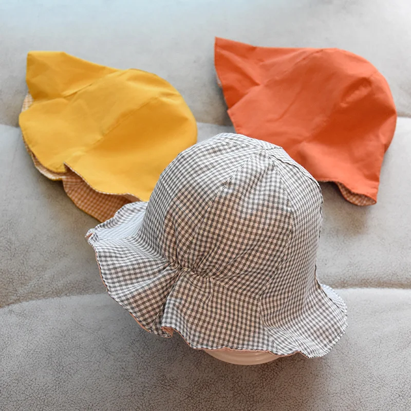 Double Sided Baby Panama Hat Spring Summer Cotton Sunscreen Checkered Kids Bucket Hat Ruffled Outdoor Girls Beach Cap Hats Caps Aliexpress