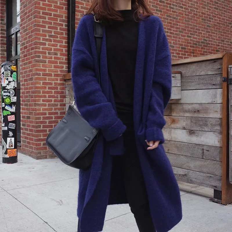 Milinsus, зимнее женское длинное пальто большого размера, новинка, корейский Свободный женский свитер с карманами, синий теплый простой кардиган, наряд