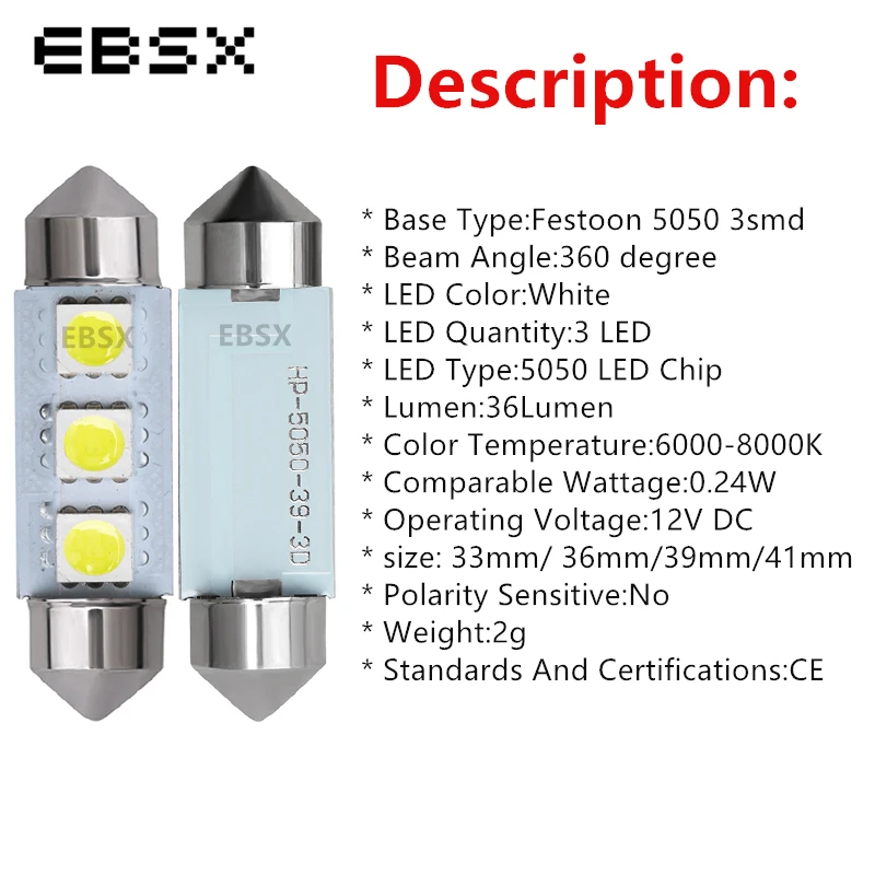 EBSX 300 шт. белый 33 мм 36 мм 39 мм 41 мм гирлянда 5050 3 SMD 3 светодиодный C5W Автомобильный светодиодный купольный свет 12 В
