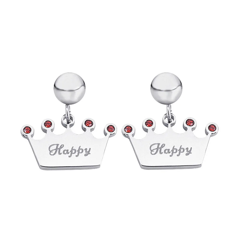 Серьги-гвоздики из нержавеющей стали для женщин с надписью Happy с красным кристаллом, серьги-гвоздики для девочек, ювелирные изделия для помолвки