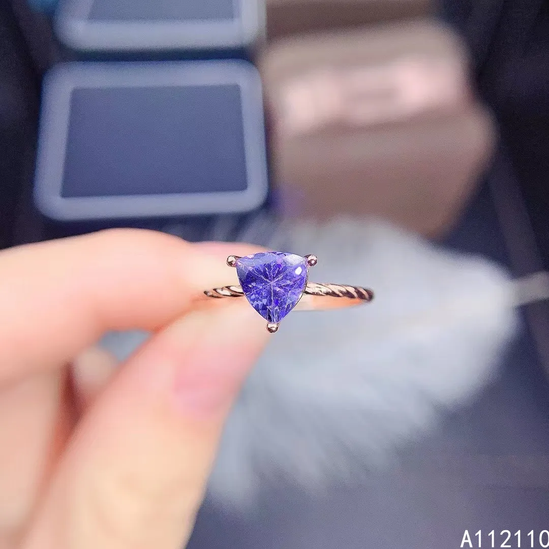 

Fine Jewelry 925 Sterling Silver Inset With Natural Gemstone Women's Popular Elegant triangle Tanzanite Adjustable Ring Support