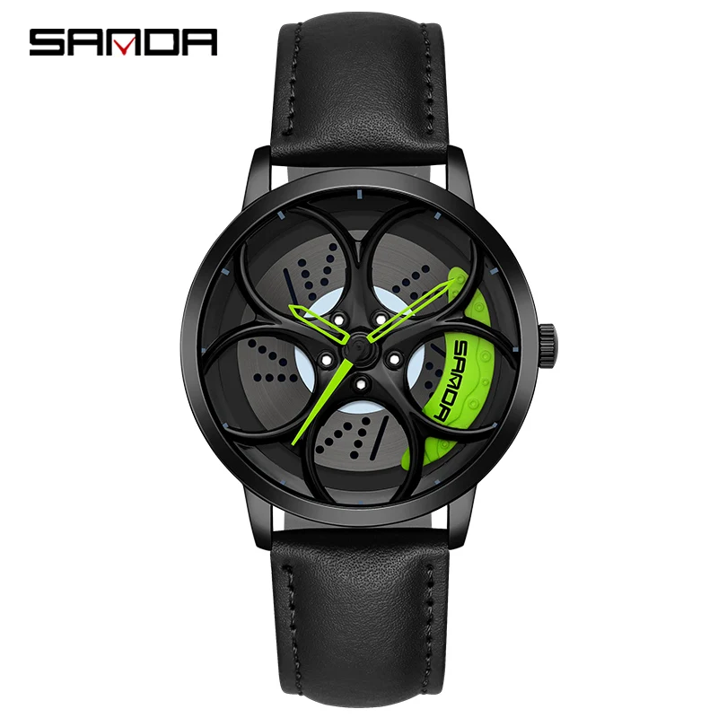 SANDA New Arrival Car Spinning Rim Hub Watche Custom Design Quartz Wristwatch Waterproof Car Wheel Watch Volk Racing Rays 