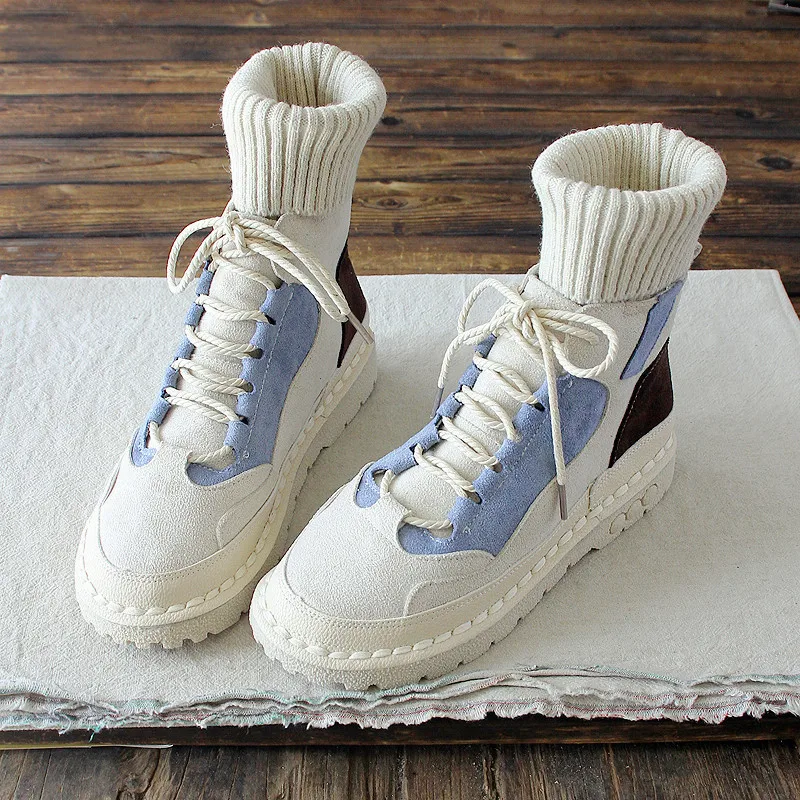 

Hand-Made Soft Bottom Short Boots Literary Mori Retro Flat Martin Boots Student Casual Womens Ankle Boots Wool Mouth Socks Boots