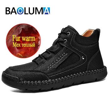 

Winter Men's Boots Soft Leather Men's Snow Boots Plush Warm Men's Ankle Boots Comfortable Men's Motorcycle Boots Big Size 48