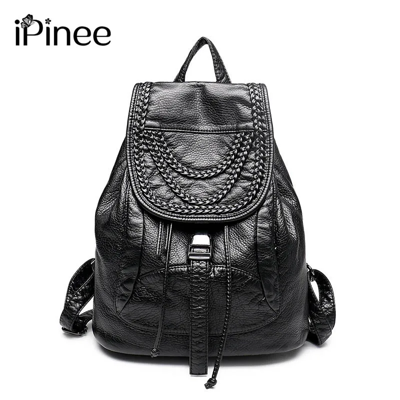 iPinee Luxury Ladies Wash Leather Backpack Designer Rivet Washed Bags Weave Decoration Women |