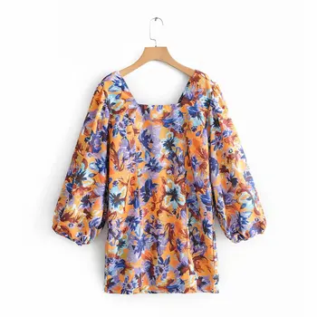 

women vintage floral print lantern sleeve slimming mini dress femme holiday wind streetwear vestidos chic party dresses DS2388