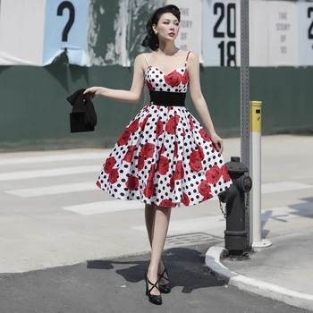 

Le Palais Vintage 2020 Summer Original Vintage Elegant Rose Dot Bubble Spaghetti Strap Collect Waist Knee-Length Dress Women
