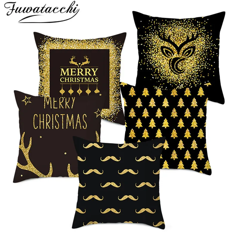 Fuwatacchi веселый рождественский черный фон наволочки для подушек с золотым принтом наволочки для подушек для домашнего дивана декоративные наволочки