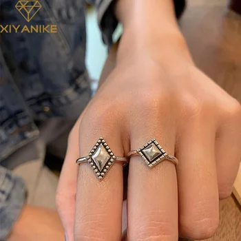 

XIYANIKE 925 Sterling Silver NEW Geometric Diamond Square Rings Retro Distressed Fashion Open Female Handmade Couple Gift Кольцо