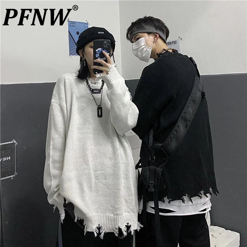 best sweaters for men PFNW Torn Sweater Hip Hop Dark Style Streetwear Solid Hollow Out Rotten Edge O-neck Pullover Spring Autumn Casual Tops Male sweater hoodie