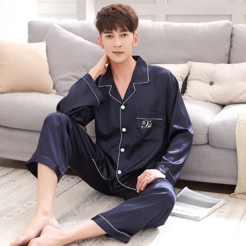 Color : Black, Size : XL HUIFANG Spring and Autumn Mens Thin High Simulation Silk Pajamas Hotel Pajamas Long Sleeve Pajamas