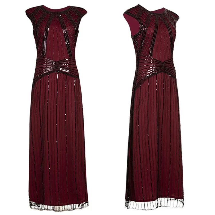 Женское винтажное длинное платье 1920 s, украшенное большим гатсби, круглый вырез, ретро костюм, Дамское длинное платье с блестками, вечернее платье для выпускного вечера