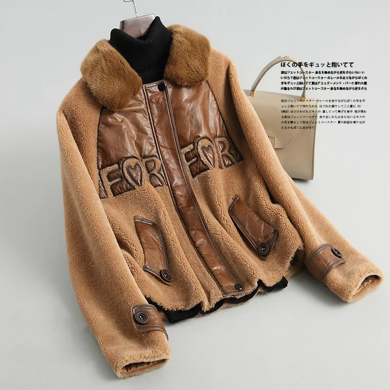 

Women's Real Fur Coat Mink Fur Collar 100% Wool Jacket Autumn Winter Coat Clothes 2019 Sheep Shearling Korean Vintage Tops T4072