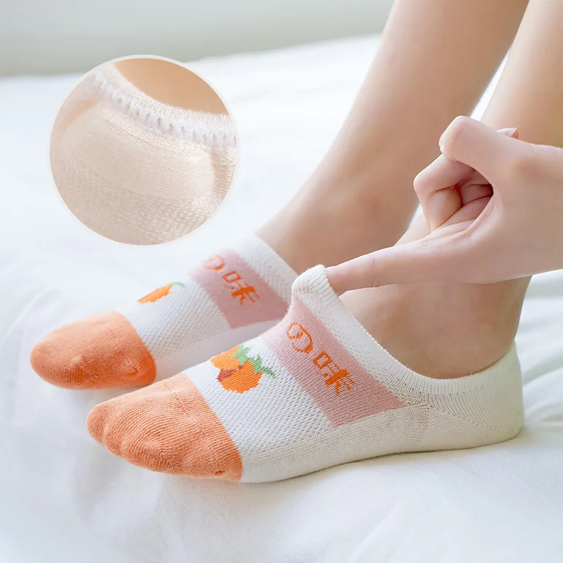 여성용 보이지 않는 면 양말 슬리퍼, 얇은 과일 프린트 보트 양말, 여성용 실리콘 노쇼 양말, 미끄럼 방지 양말, 여름, 5 쌍