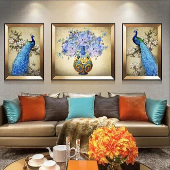 

European Retro Minimalist Canvas Painting Hand Painted Peacock Vase Fower Poster Wall Art Pictures For Living Room Dining Room